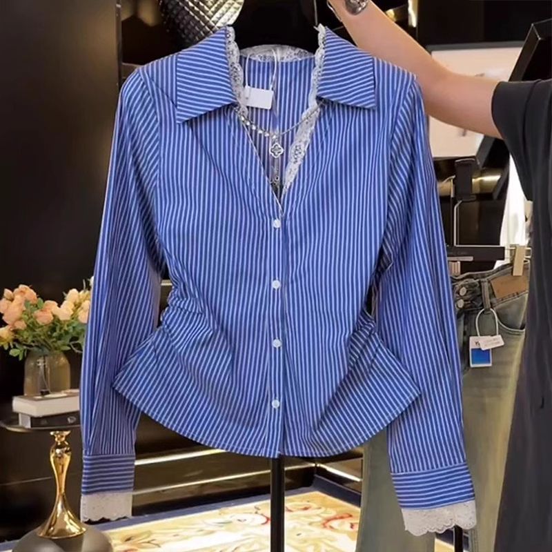Summer Clothing Trends For Women - أنيقة الدانتيل المرقعة مطوي سليم بلوزة