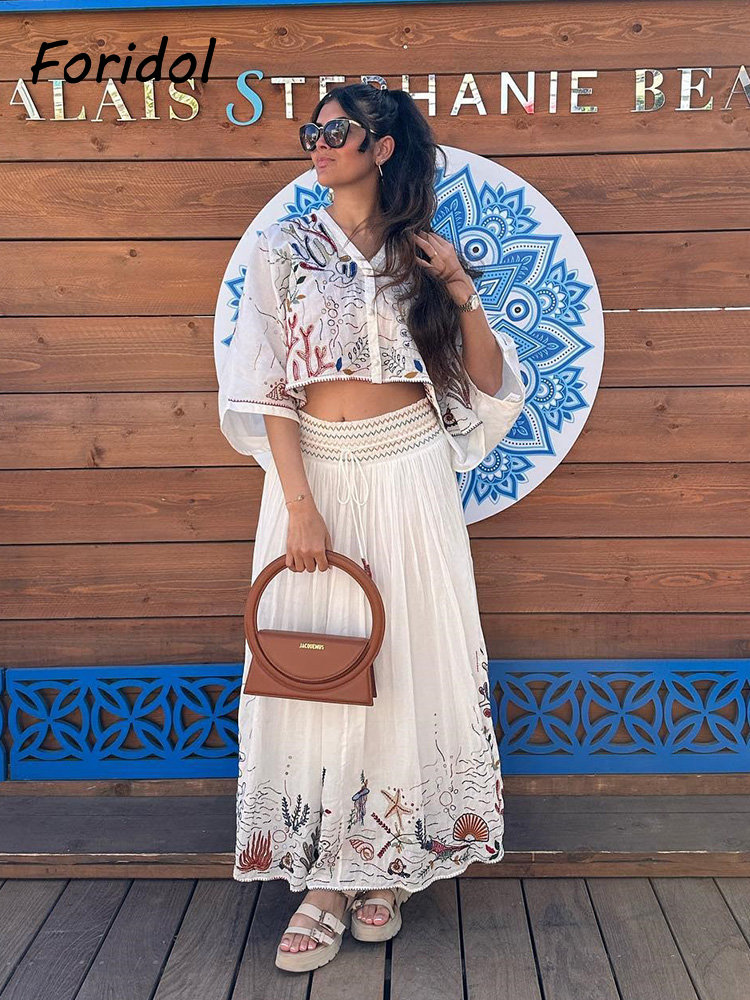 Summer Linen Clothing For Women - Foridol الكائنات البحرية التطريز Batwing كم