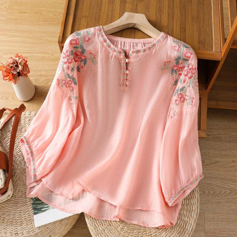 Summer Linen Clothing For Women - النمط الصيني الملابس النسائية البلوزات خمر