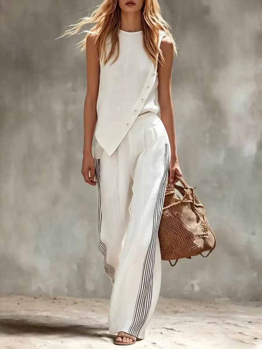 Summer Linen Clothing For Women - طقم من قطعتين من الكتان بدون