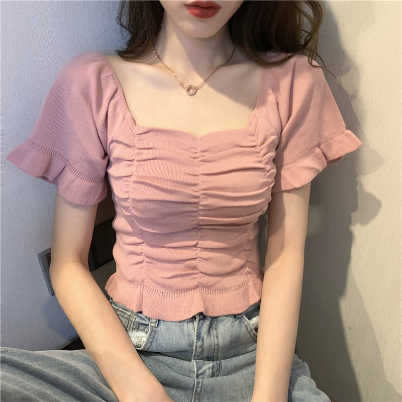 Summer Clothing For Teens - بلوزة نسائية محبوكة أنيقة بكشكشة، بلوزة