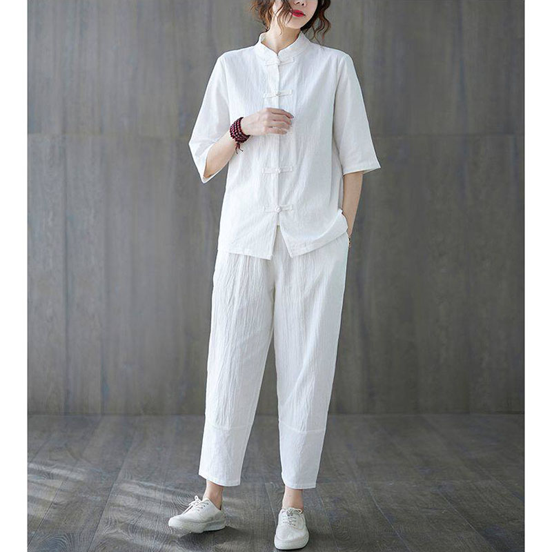 قطعتان من ملابس البوذية النسائ - مراجعة Summer Linen Clothing For Women وسعره